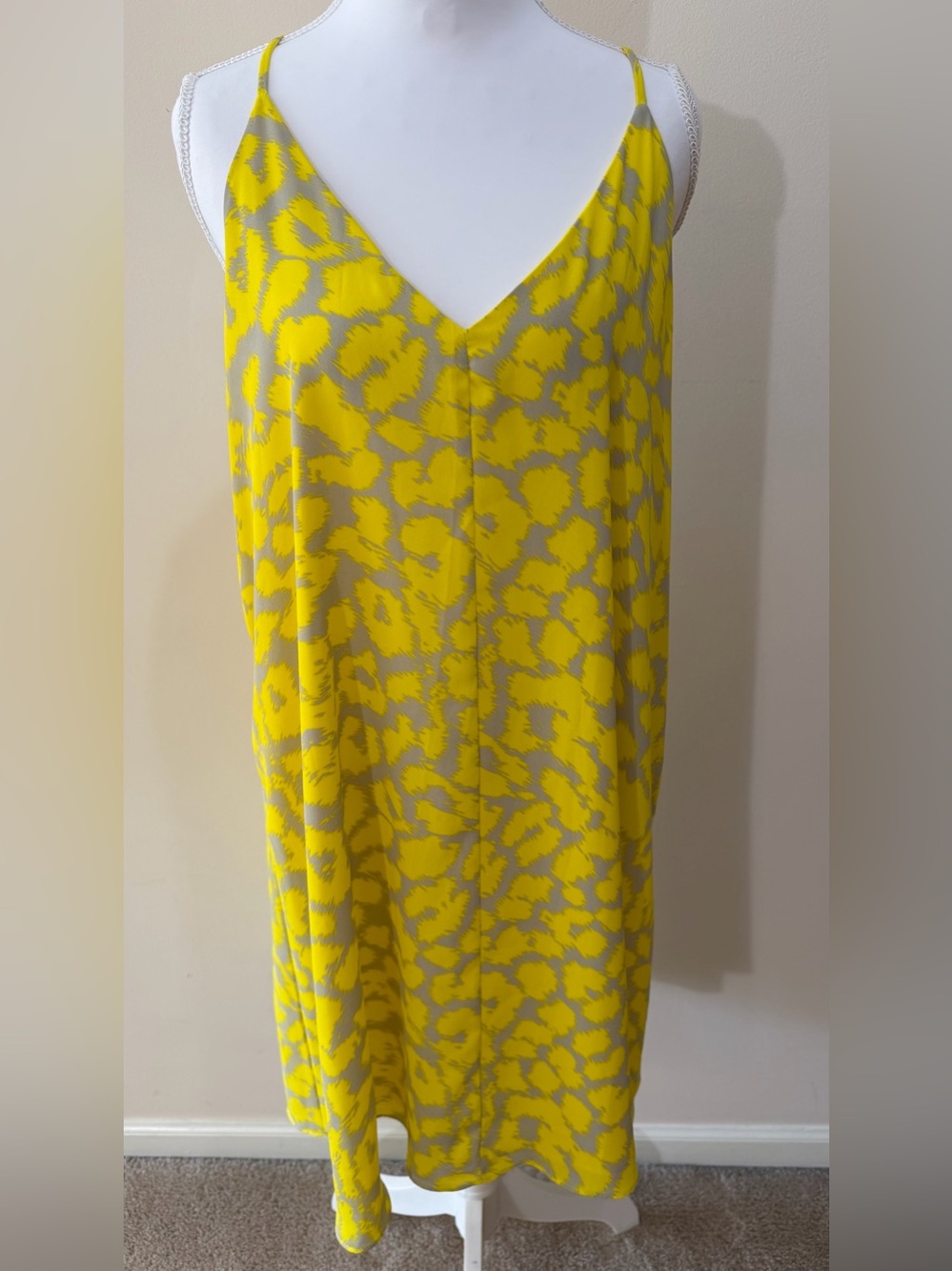 Flowy & Light Yellow & Gray Mini Dress with Spaghetti Straps Size Large